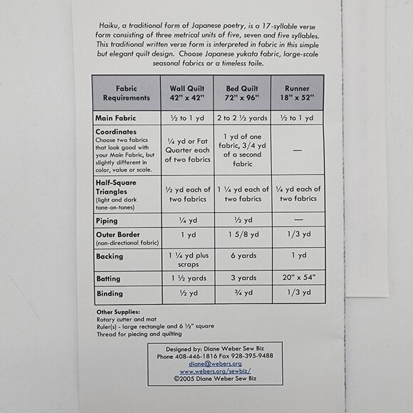 HAIKU Japanese Poetry QUILT Sewing Pattern by Diane Weber Sew Biz 3 Sizes - Picture 2 of 3